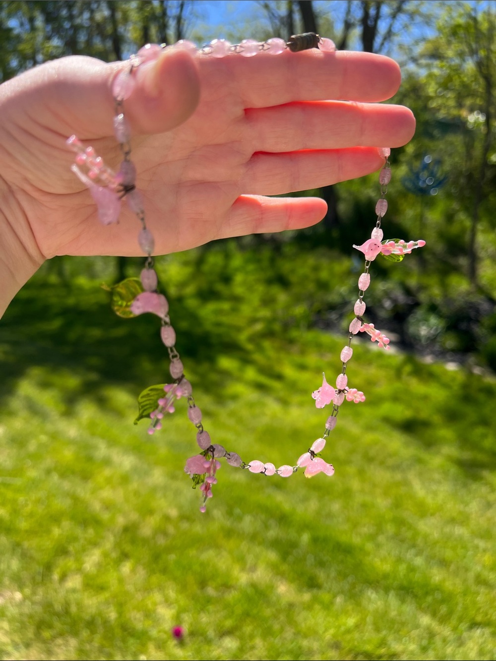 Vintage Venetian Murano Art Glass Necklace Lampwork Pink Birds Green Leaves